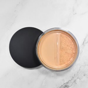 Almond Loose Foundation — a warm, medium beige shade with golden undertones, perfect for creating a smooth, natural-looking complexion. This lightweight, finely milled loose powder foundation provides buildable coverage, leaving a soft, matte finish. Vegan, cruelty-free, talc-free, and made in the USA with clean beauty standards and ethically sourced, non-toxic minerals. Ideal for light to medium skin tones, this mineral foundation seamlessly blends for a flawless, airbrushed look. Perfect for clean beauty enthusiasts, professional makeup artists, and private label cosmetic brands seeking high-performance, sustainable, mineral-based loose foundation.