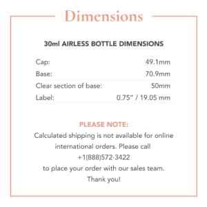 Radical Cosmetics 30ml Airless Bottle – featuring a sleek, modern design, this high-quality 15ml airless bottle is perfect for dispensing skincare and cosmetic products with ease and precision. Weighing 0.2 lbs and measuring 1.25 x 1.25 inches in diameter and 4 inches in height, this bottle is compact, efficient, and ideal for travel or daily use. The 0.75-inch label provides professional branding, with ample space for clear product information. This airless pump bottle ensures minimal product wastage and helps preserve the integrity of your formulas by protecting them from air exposure, ensuring long-lasting freshness. Perfect for serums, lotions, and foundations, the airless design keeps your products hygienic and easily dispensable. Formulated with eco-conscious, sustainable materials, this bottle is a clean beauty choice for those seeking cruelty-free, paraben-free, and toxin-free skincare solutions. Proudly made in the USA, this airless bottle is perfect for preserving high-performance beauty products while offering convenience and ease of use.
