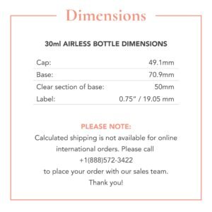 Radical Cosmetics 15ml Airless Bottle – featuring a sleek, modern design, this high-quality 15ml airless bottle is perfect for dispensing skincare and cosmetic products with ease and precision. Weighing 0.2 lbs and measuring 1.25 x 1.25 inches in diameter and 4 inches in height, this bottle is compact, efficient, and ideal for travel or daily use. The 0.75-inch label provides professional branding, with ample space for clear product information. This airless pump bottle ensures minimal product wastage and helps preserve the integrity of your formulas by protecting them from air exposure, ensuring long-lasting freshness. Perfect for serums, lotions, and foundations, the airless design keeps your products hygienic and easily dispensable. Formulated with eco-conscious, sustainable materials, this bottle is a clean beauty choice for those seeking cruelty-free, paraben-free, and toxin-free skincare solutions. Proudly made in the USA, this airless bottle is perfect for preserving high-performance beauty products while offering convenience and ease of use.