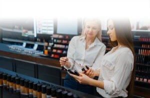 Two women—one blonde and one brunette—stand side by side in a brightly lit makeup store, comparing vibrant lip gloss shades. The brunette holds a vivid red lip gloss while the blonde examines a bold hot pink gloss, both in sleek, transparent tubes with glossy finishes. Surrounded by makeup displays, the scene captures a moment of beauty exploration and cosmetic shopping. Keywords: bright pink lip gloss, red lip gloss, vegan lip products, cruelty-free makeup, clean beauty brand, women testing lip gloss, cosmetic store shopping, natural beauty products, eco-friendly lip gloss, high-shine lip color, makeup for all skin tones.