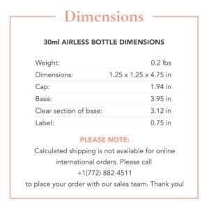 Radical Cosmetics 15ml Airless Bottle – featuring a sleek, modern design, this high-quality 15ml airless bottle is perfect for dispensing skincare and cosmetic products with ease and precision. Weighing 0.2 lbs and measuring 1.25 x 1.25 inches in diameter and 4 inches in height, this bottle is compact, efficient, and ideal for travel or daily use. The 0.75-inch label provides professional branding, with ample space for clear product information. This airless pump bottle ensures minimal product wastage and helps preserve the integrity of your formulas by protecting them from air exposure, ensuring long-lasting freshness. Perfect for serums, lotions, and foundations, the airless design keeps your products hygienic and easily dispensable. Formulated with eco-conscious, sustainable materials, this bottle is a clean beauty choice for those seeking cruelty-free, paraben-free, and toxin-free skincare solutions. Proudly made in the USA, this airless bottle is perfect for preserving high-performance beauty products while offering convenience and ease of use.