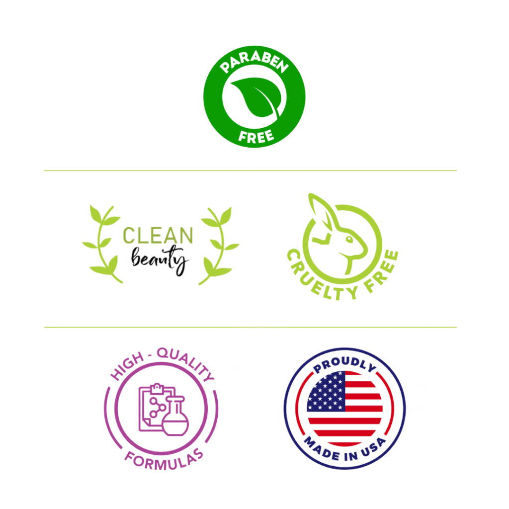 Infographic showcasing Radical Cosmetics’ commitment to clean beauty – featuring icons for paraben-free, cruelty-free, high-quality formulas, and proudly made in the USA. This visual highlights our dedication to offering non-toxic, cruelty-free makeup and skincare solutions with clean ingredients. Perfect for consumers seeking eco-conscious, high-performance beauty products that are ethically sourced, sustainable, and long-lasting.