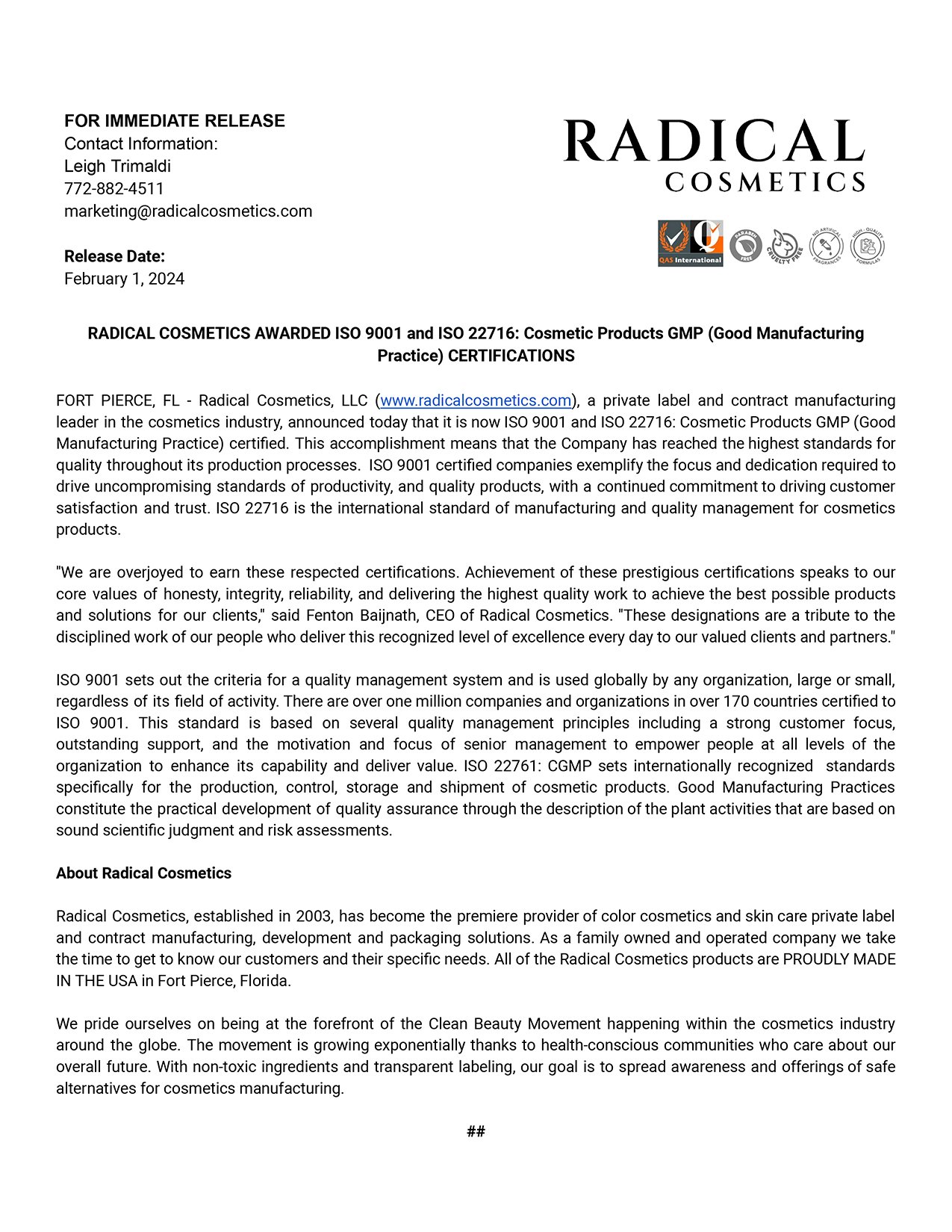 Iso 9000 And Cgmp Press Release Radical Cosmetics