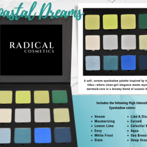 Radical Cosmetics' Coastal Dreams Eyeshadow Palette—an elegant, ethereal eyeshadow compact inspired by the calming essence of ocean tides and coastal beauty. This dreamy, high-pigment palette features 12 oceanic-themed eyeshadow shades that blend clean-girl minimalism with mystical mermaid-core aesthetics. The high-intensity, long-wearing shadows include: Venom (vivid teal shimmer), Mesmerizing (soft lavender with iridescent sparkle), Lemon Lime (bright citrus shimmer), Envy (bold emerald green), White Frost (icy pearl), Slate (cool matte gray), Like A Diamond (sparkling silver), Cursed (mystic navy), Celestial Blue (glimmering periwinkle), Aqua (fresh seafoam), Sea Breeze (dusty turquoise), and Deep Ocean (intense ocean blue). Ideal for creating serene, bold, or otherworldly eye looks. Made in the USA with clean, vegan, cruelty-free, paraben-free ingredients and sustainable packaging. Coastal Dreams Eyeshadow Palette, clean beauty eyeshadow, vegan eyeshadow palette, ocean-inspired makeup, mermaid-core eyeshadow, cruelty-free eyeshadow palette, mineral-based eyeshadow, high-intensity eyeshadow colors, eco-conscious makeup, paraben-free cosmetics, USA-made clean makeup, professional makeup artist tools, serene eyeshadow shades, waterproof-inspired makeup, Radical Cosmetics eyeshadow.