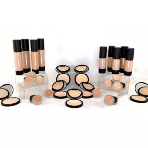 i need seo optimized alt text for a photo of our complete face kit in our medium shade. The photo depicts all the medium shades of the tinted moisturizer, foundation, pressed foundation and concealer