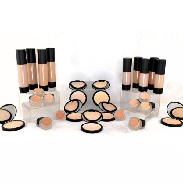 i need seo optimized alt text for a photo of our complete face kit in our medium shade. The photo depicts all the medium shades of the tinted moisturizer, foundation, pressed foundation and concealer