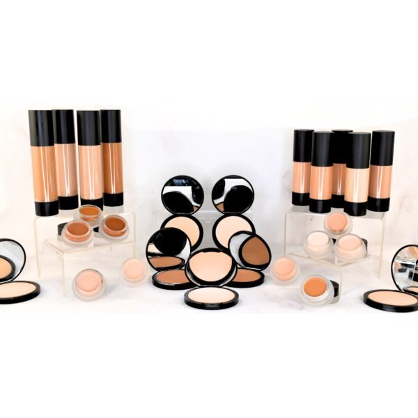 Radical Cosmetics Complete Medium Face Kit – includes medium shades of tinted moisturizer, liquid foundation, pressed foundation, and concealer. Clean beauty, cruelty-free, paraben-free, and made in the USA.