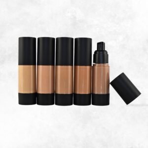 Complete Medium Foundation Kit by Radical Cosmetics – five clean beauty foundation samples including pressed powder, liquid foundation, concealer, and tinted moisturizer in medium skin tone shades. Talc-free, paraben-free, cruelty-free, and made in the USA.