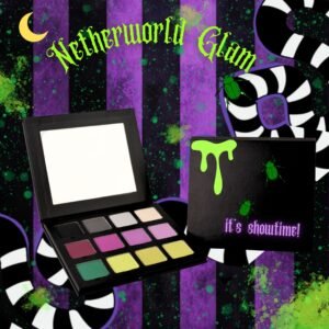 Netherworld Glam a Beetlejuice inspired eyeshadow palette with smoky blacks, eerie greens, vibrant purples, and pops of neon Lime and Berry for Halloween or dramatic makeup looks.