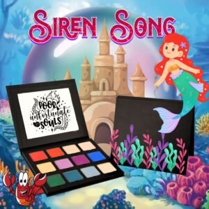 Radical Cosmetics Siren Song Eyeshadow Palette – 12 Little Mermaid inspired shades including ocean blues, seafoam greens, shimmering pearls, and bold reds.