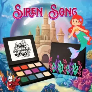Radical Cosmetics Siren Song Eyeshadow Palette – 12 Little Mermaid inspired shades including ocean blues, seafoam greens, shimmering pearls, and bold reds.