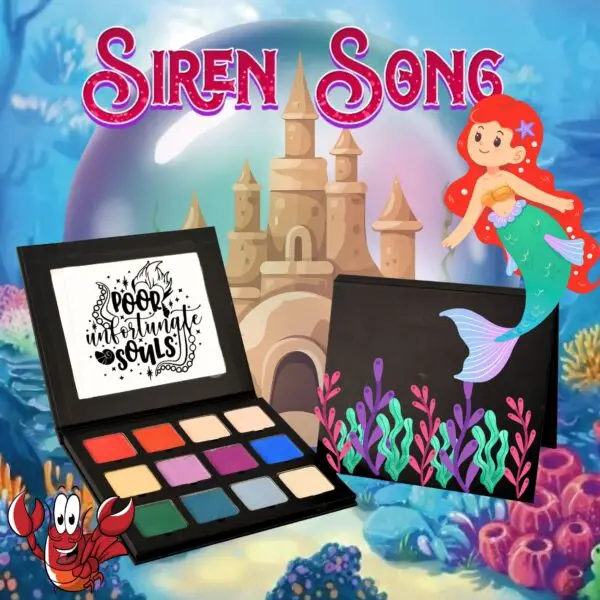 Radical Cosmetics Siren Song Eyeshadow Palette – 12 Little Mermaid inspired shades including ocean blues, seafoam greens, shimmering pearls, and bold reds.