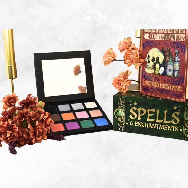 Witching Hour Eyeshadow Palette with 12 bright, high-pigment shades in red, green, black, and shimmer tones, cruelty-free and made in the USA for versatile eye makeup looks.