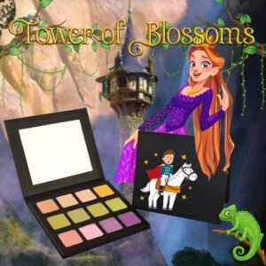 Tower of Blossoms Rapunzel-inspired eyeshadow palette featuring 12 high-pigment shades including Fancy MPE32, Champagne MPE25, Angel Wings MPE30, Mimosa MPE10, Lemon Lime MPE51, Cursed MPE40, Venom MPE38, Mesmerizing MPE39, Rose Quartz MPE11, Flamingo MFP04, Lavender MPE08, and Grapetini MPE46.