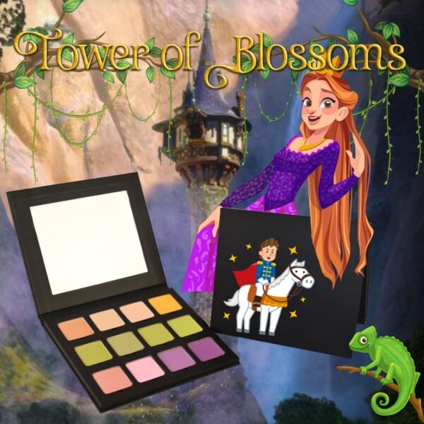 Tower of Blossoms Rapunzel-inspired eyeshadow palette featuring 12 high-pigment shades including Fancy MPE32, Champagne MPE25, Angel Wings MPE30, Mimosa MPE10, Lemon Lime MPE51, Cursed MPE40, Venom MPE38, Mesmerizing MPE39, Rose Quartz MPE11, Flamingo MFP04, Lavender MPE08, and Grapetini MPE46.