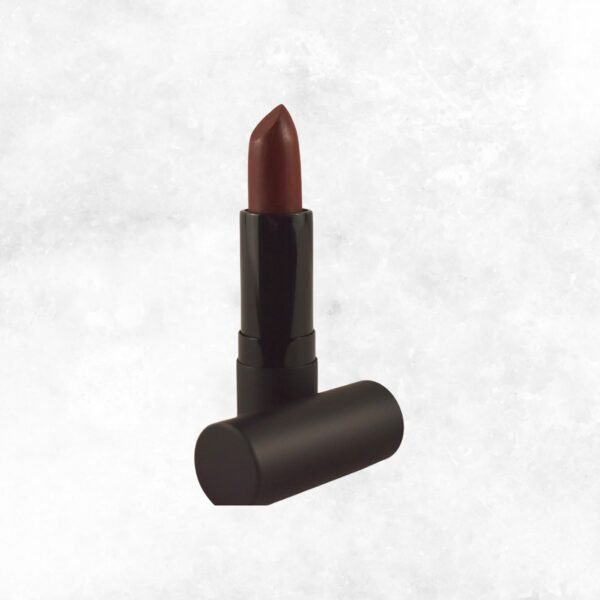 Close-up of Scarlet Affair lipstick in a sleek tube, showcasing its rich, bold red shade with a smooth, creamy finish.