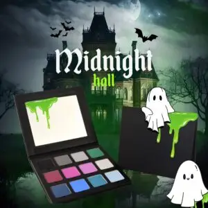 Midnight Hall palette with deep neutrals, jewel-toned shimmers, icy silvers, and ocean blues for dramatic Haunted Mansion inspired eye looks.